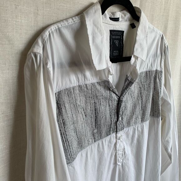 Abstract Button Up Shirt Mens Size L White Black Long Sleeve Y2K Retro GUESS - Picture 4 of 16